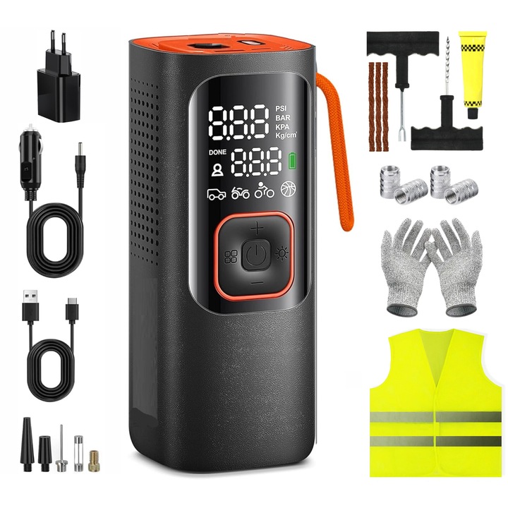 Compresor auto smart portabil, GABOS™, cu lampa camping, baterie reincarcabila 6000 mAh, kit reparatie pana, vesta reflectorizanta, adaptoare umflare, cablu USB, cablu bricheta, stecher de priza, 2x manusi si 4x capace valva incluse