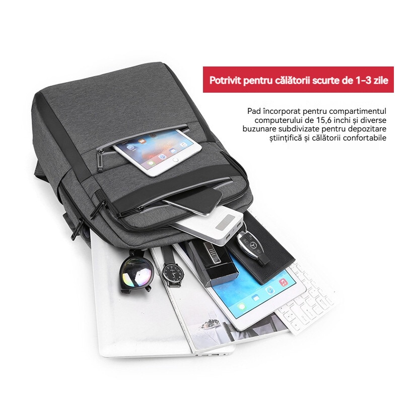 Geanta pentru computer de 15,6 inchi, Fudisenn®, rucsac de bagaje multifunctional, capacitate mare, stocare in mai multe straturi, rezistenta la apa, cu port de incarcare USB, mufa pentru casti, benzi reflectorizante, se poate fixa pe valiza, negru