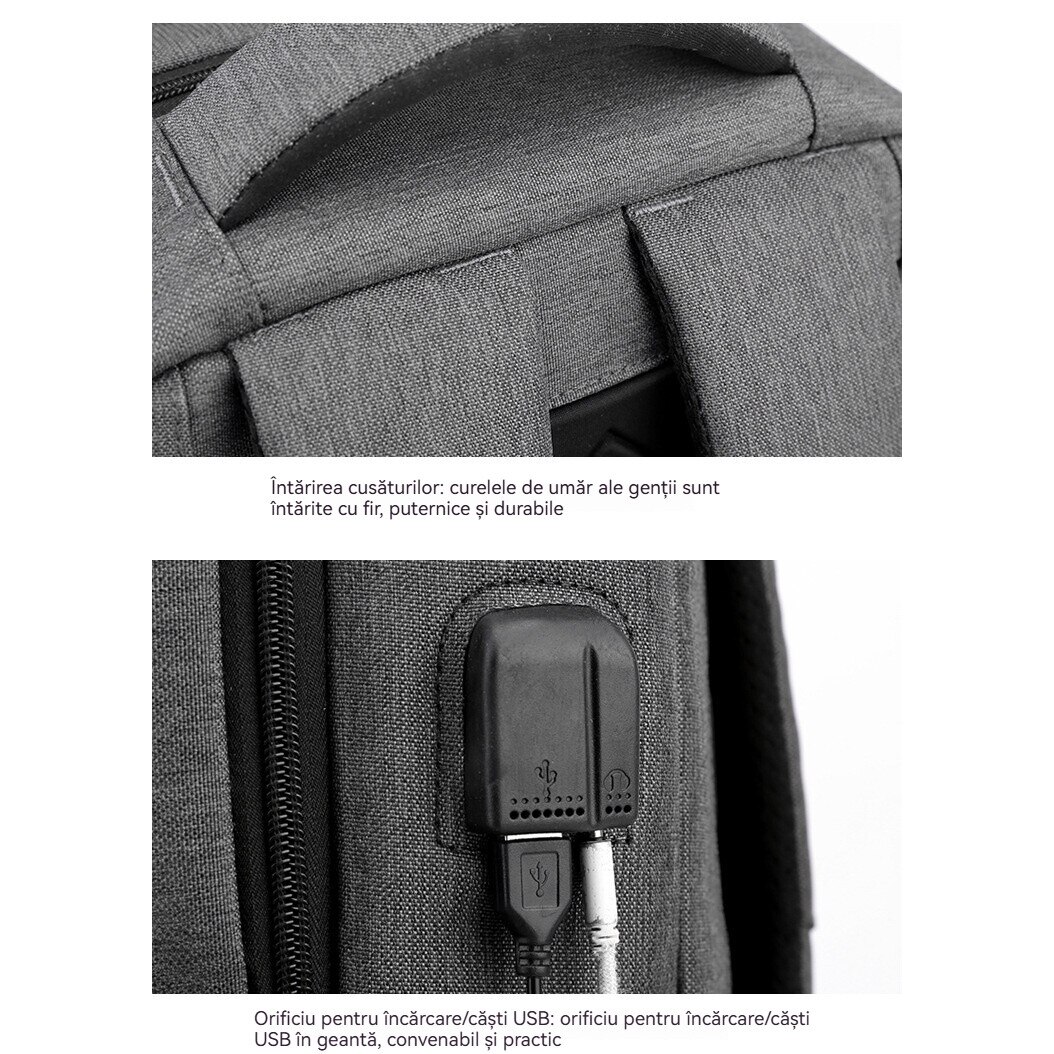Geanta pentru computer de 15,6 inchi, Fudisenn®, rucsac de bagaje multifunctional, capacitate mare, stocare in mai multe straturi, rezistenta la apa, cu port de incarcare USB, mufa pentru casti, benzi reflectorizante, se poate fixa pe valiza, negru