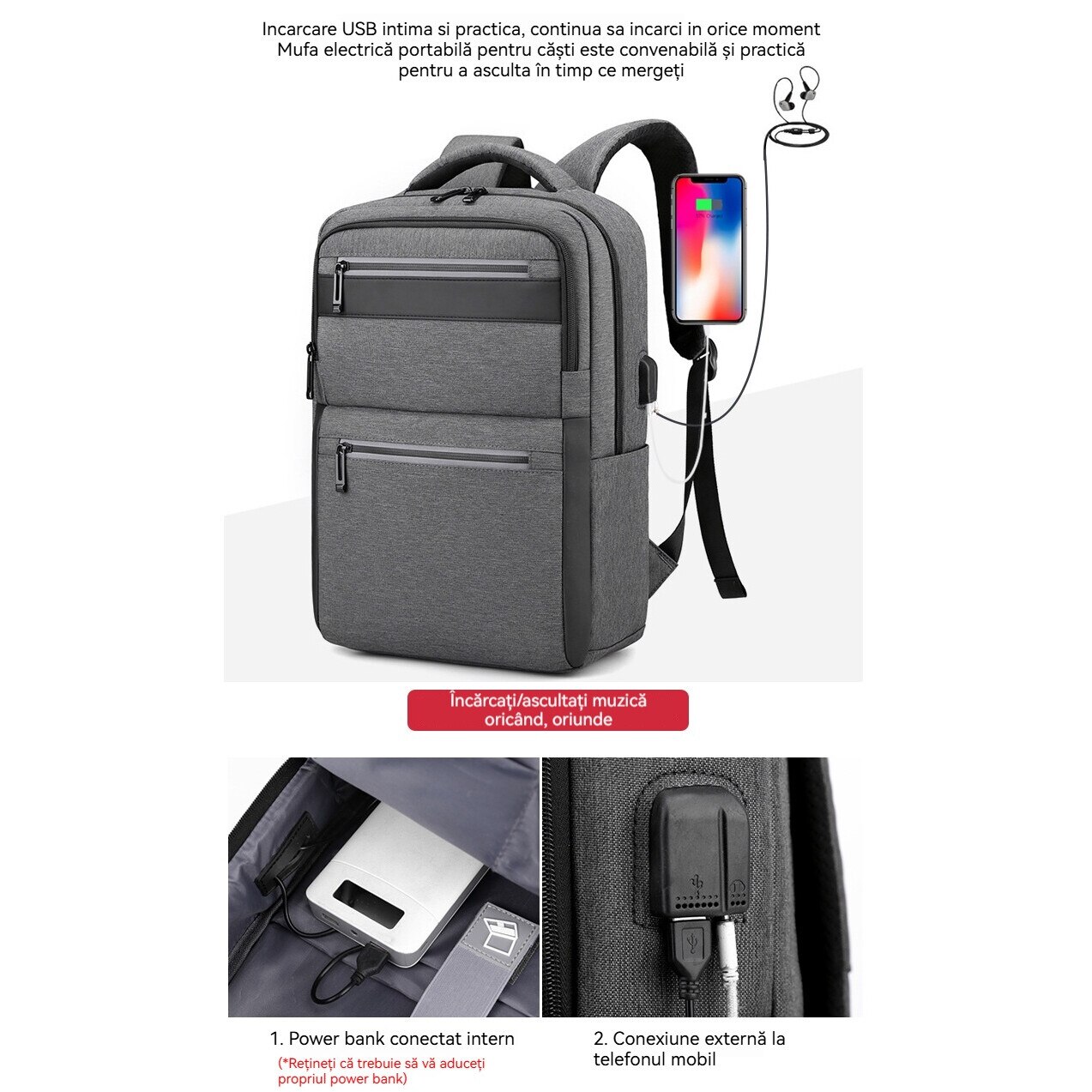 Geanta pentru computer de 15,6 inchi, Fudisenn®, rucsac de bagaje multifunctional, capacitate mare, stocare in mai multe straturi, rezistenta la apa, cu port de incarcare USB, mufa pentru casti, benzi reflectorizante, se poate fixa pe valiza, negru