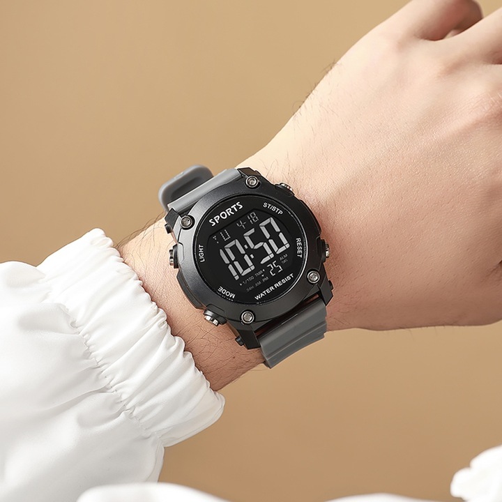 Ceas sport barbatesc, 37mm, waterproof, curea silicon, gri