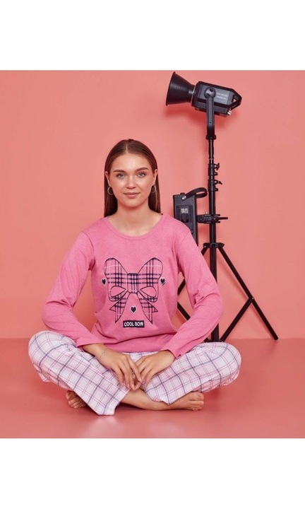 Női pizsama, hosszú ujjú, hideg masni, pamut, rózsaszín, S