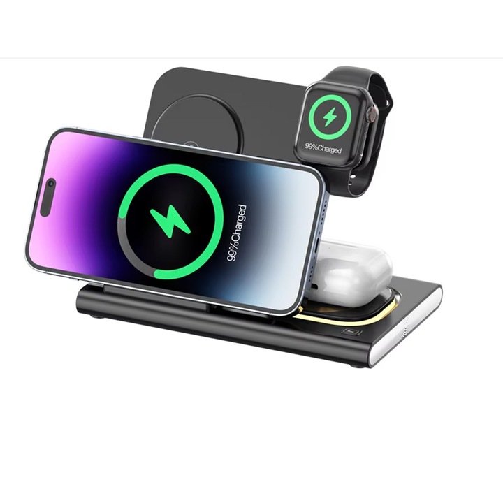 Vezeték nélküli töltő 3 az 1-ben gyorstöltő 15 W, kompatibilis Apple, Airpods és Android, Samsung, Huawei, Xiaomi, fekete