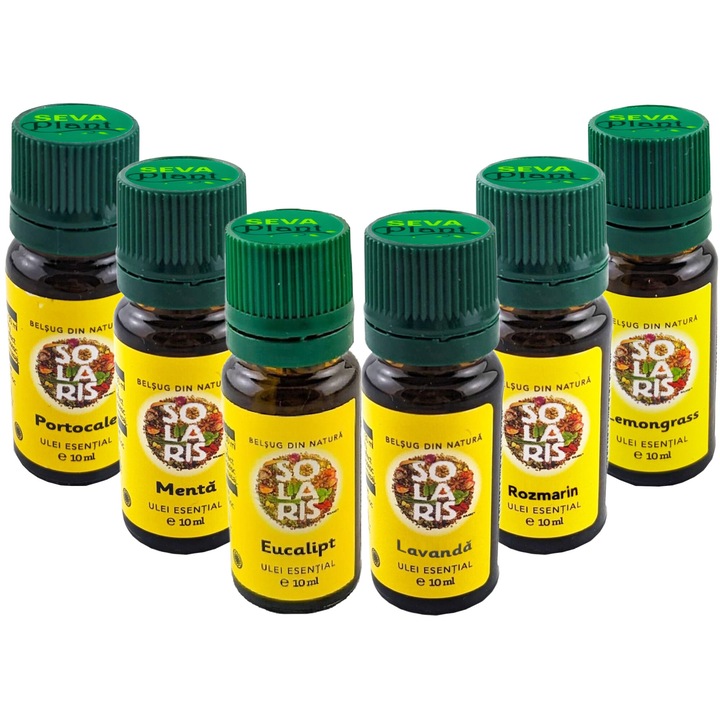 Set 6 uleiuri esentiale de baza, Eucalipt, Lavanda, Menta, Rozmarin, Lemongrass, Portocale, 100% naturale, fara aditivi, 6x10ml, Solaris Plant
