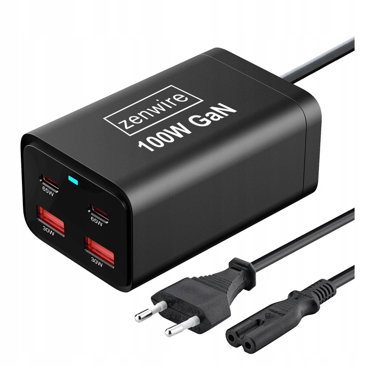 Hálózati töltő, Zenwire YMS-608, 100 W-os tápegység, GaN III Cube, AC kábel, 2x USB-C 65W, 2x USB-A 30W, Univerzális, iPhone, Huawei, Samsung, Xiaomi készülékekkel kompatibilis, fekete