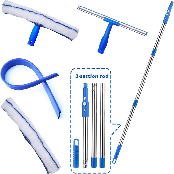 Комплект чистачки Morovan, 1 микрофибърна кърпа, 1 гумена чистачка, 3 телескопични пръта 47 инча