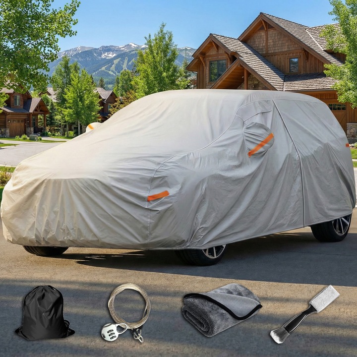 Prelata Auto Gavriet™ Hatchback L, 415 x 175 x 150 cm, Lacat Antifurt, Rezistenta la Apa & Soare & Inghet & Praf, Buzunare Oglinzi, Benzi Reflectorizante, Fermoar Usa Sofer, Saculet Depozitare, Perie Curatare Ventilatie & Prosop Incluse, Gri