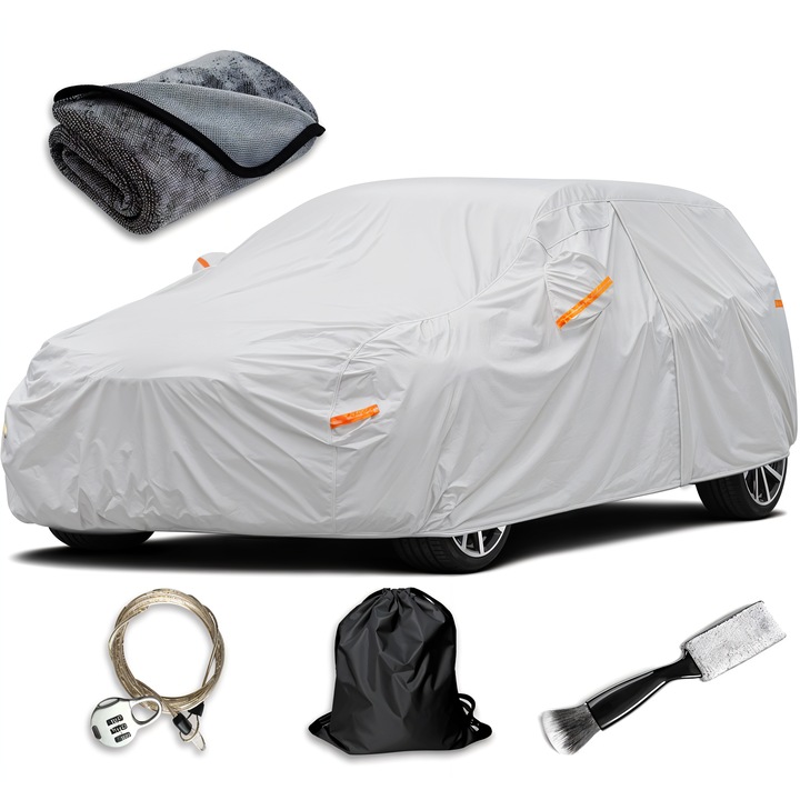 Покривало за кола Gavriet™ Hatchback L, 415 x 175 x 150 см, ключалка против кражба, устойчива на вода, слънце, замръзване и прах, джобове за огледала, светлоотразителни ленти, цип на шофьорската врата, чанта за съхранение, четка