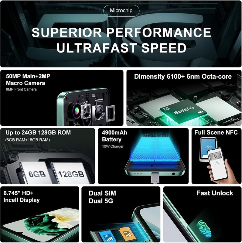 Telefon mobil FOSSiBOT S1, 5G Smartphone, 24 GB+128GB/1TB, Android 14, 6.745” HD+, 50MP, Dimensity 6100+ Handys, Baterie 5000 mAh, Dual SIM, Face ID/GPS/OTG, Slim Design, Verde