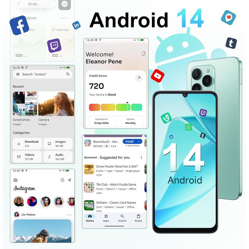 Telefon mobil FOSSiBOT S1, 5G Smartphone, 24 GB+128GB/1TB, Android 14, 6.745” HD+, 50MP, Dimensity 6100+ Handys, Baterie 5000 mAh, Dual SIM, Face ID/GPS/OTG, Slim Design, Verde