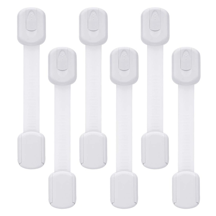 Set de 6 Blocatoare Ajustabile MONDESA®, Sistem de Blocare Usi, Sertare, Frigider pentru Copii, Instalare Usoara fara Gaurire fara Magnet, Adeziv Puternic 3M