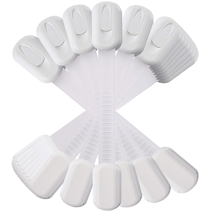 Set de 12 Blocatoare Ajustabile MONDESA®, Sistem de Blocare Usi, Sertare, Frigider pentru Copii, Instalare Usoara fara Gaurire fara Magnet, Adeziv Puternic 3M