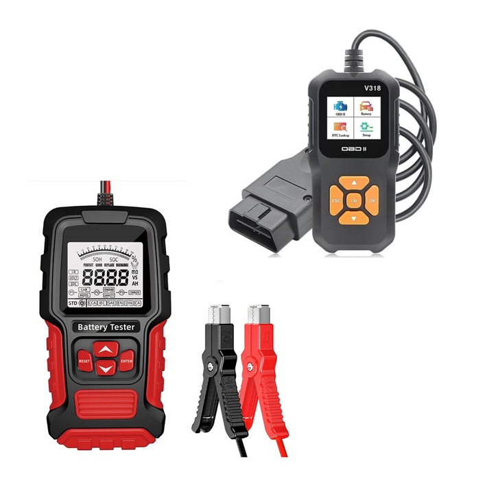 BACEX OBD2 автодиагностичен тестер, четене и изтриване на кодове за грешки, LCD екран, ABS/ESP/SRS, тестер за автомобилни акумулатори и включени клещи