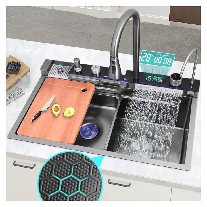 Chiuveta multifunctionala cu 2 cascade cu accesorii incluse, afisaj digital a temperaturii si robinet cascada, culoare negru grafit, dimensiune 750x460mm