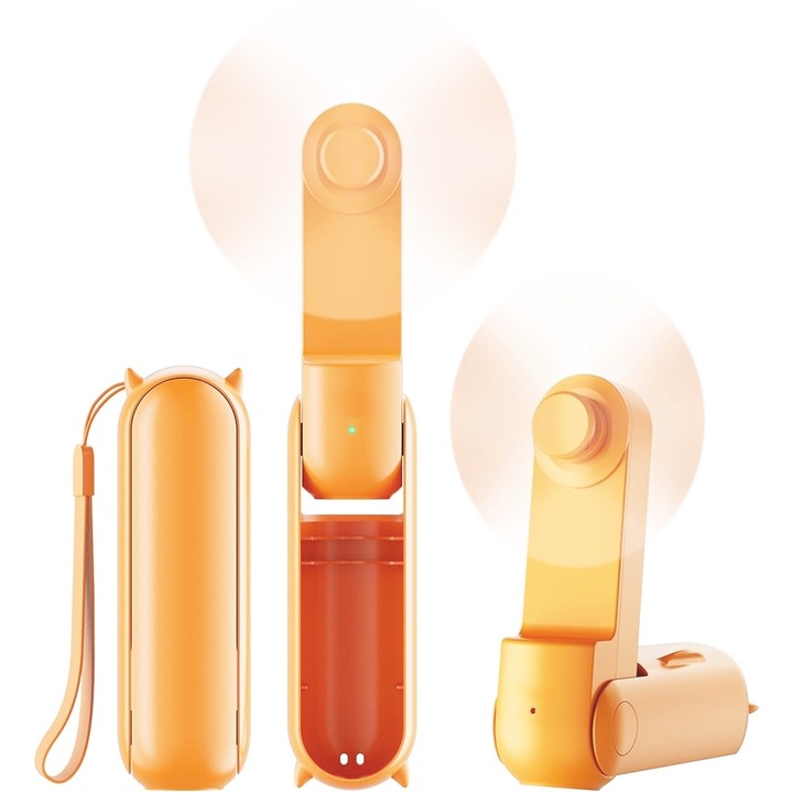 Вентилатор 2 в 1 преносим ръчен или настолен сгъваема функция на външна акумулаторна батерия 2000 mAh 3 скорости оранжев