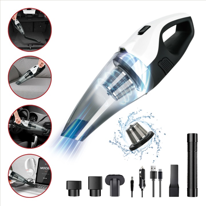 Aspirator de mana portabil, puternic, Pro Power, uz casnic sau auto, umed si uscat, 8000Pa, alimentare dubla, wireless reincarcabil USB, 3x2600mAh, 100W, cablu 5m, 12V, LED, filtru dublu, Roll Fast