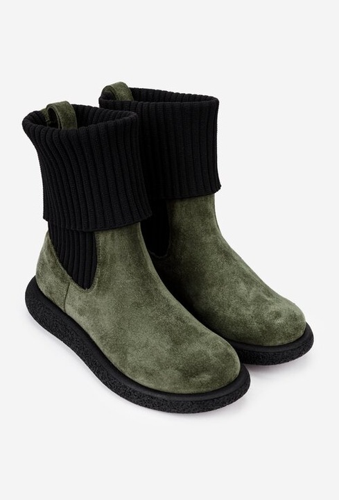 Ghete kaki din piele intoarsa cu material textil negru 38, Verde