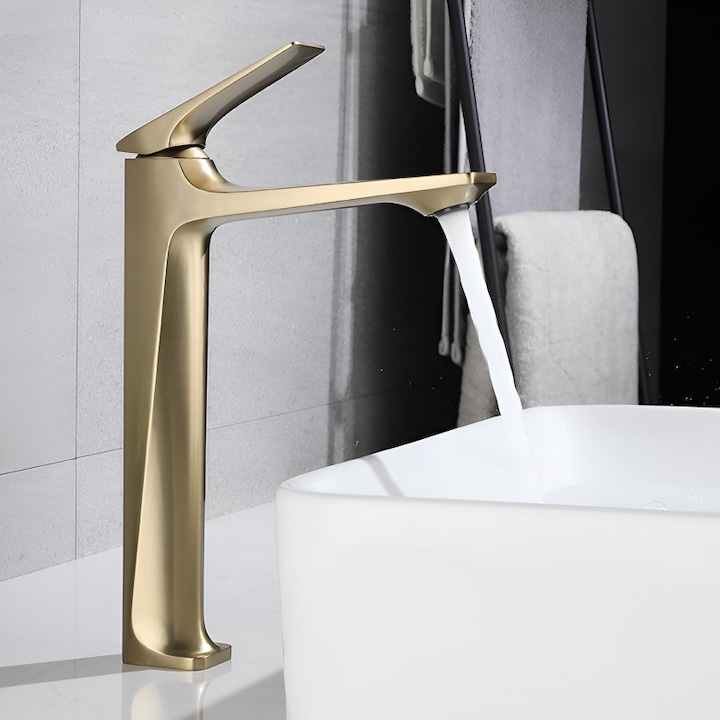 Baterie Lavoar Inalta BiXXBi Bath X, Gold Mat, Modern, Baie, Montaj pe Blat, Instalare Rapida, Durabil, Rezistent la Coroziune, Monocomanda, Cartus Ceramic, Set Montaj, Racorduri