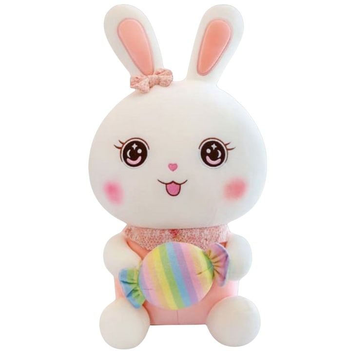 Jucarie din Plus, Iepuras cu Bombonica Colorata, Moale si Pufos, 30 cm