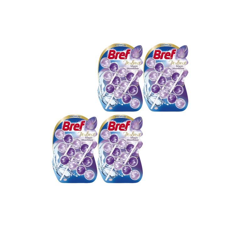 Set 4 x Bref Odorizant Wc Bile Deluxe 3x50g Moonflower, fresh aroma, parfum floral, distruge calcarul, rapid si eficient, testat dermatologic, prospetime de lunga durata, eficacitate maxima, continut generos, elimina mirosuri neplacute
