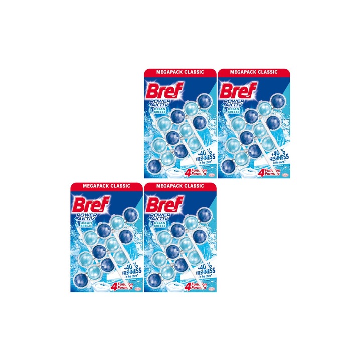 Set 4 x Bref Odorizant Wc Bile Power Aktiv 3x50g Ocean, fresh aroma, parfum floral, distruge calcarul, rapid si eficient, testat dermatologic, prospetime de lunga durata, eficacitate maxima, continut generos, elimina mirosuri neplacute