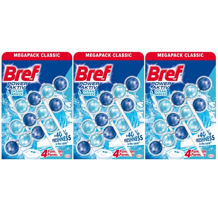 Set 3 x Bref Odorizant Wc Bile Power Aktiv 3x50g Ocean, fresh aroma, parfum floral, distruge calcarul, rapid si eficient, testat dermatologic, prospetime de lunga durata, eficacitate maxima, continut generos, elimina mirosuri neplacute