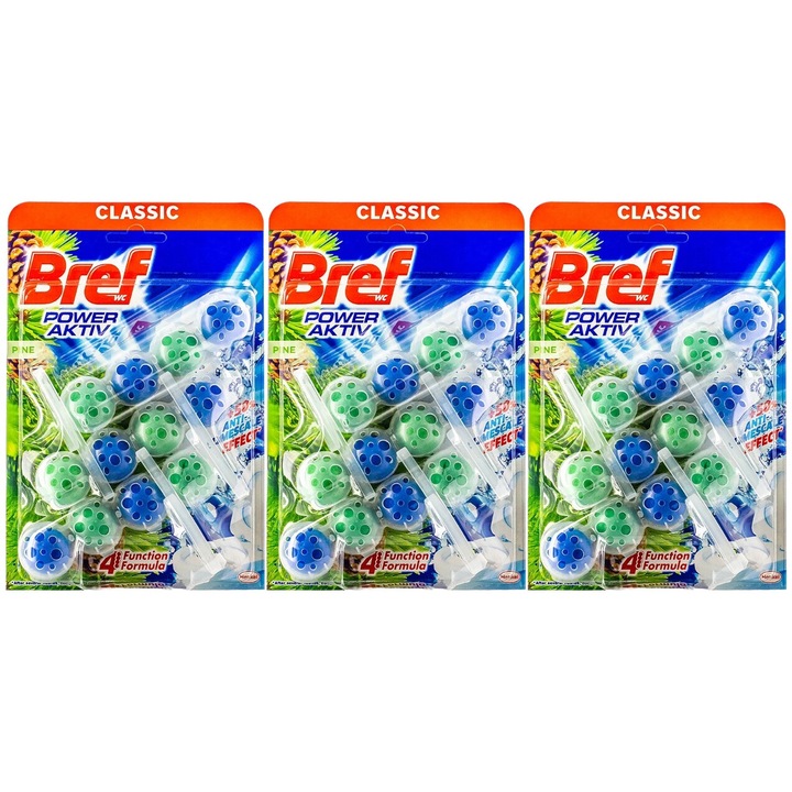 Set 3 x Bref Odorizant Wc Bile Power Aktiv 3x50g Pine, fresh aroma, parfum floral, distruge calcarul, rapid si eficient, testat dermatologic, prospetime de lunga durata, eficacitate maxima, continut generos, elimina mirosuri neplacute