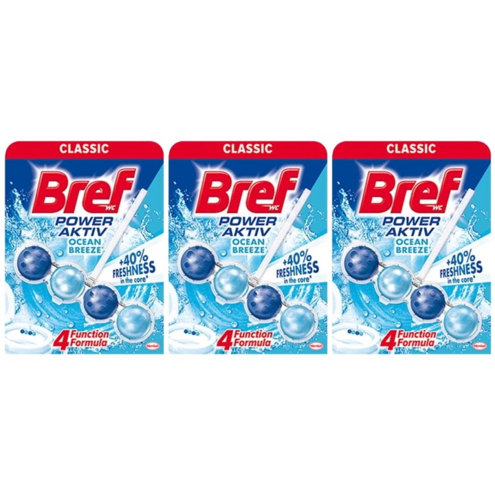 Set 3 x Bref Odorizant Wc Bile Power Aktiv 50g Ocean, fresh aroma, parfum floral, distruge calcarul, rapid si eficient, testat dermatologic, prospetime de lunga durata, eficacitate maxima, continut generos, elimina mirosuri neplacute