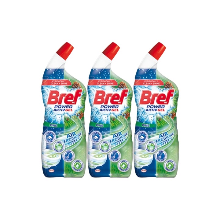 Set 3 x Bref Power Aktiv Gel Wc Lichid 700ml Pine, fresh aroma, parfum floral, distruge calcarul, rapid si eficient, testat dermatologic, prospetime de lunga durata, eficacitate maxima, continut generos, elimina mirosuri neplacute