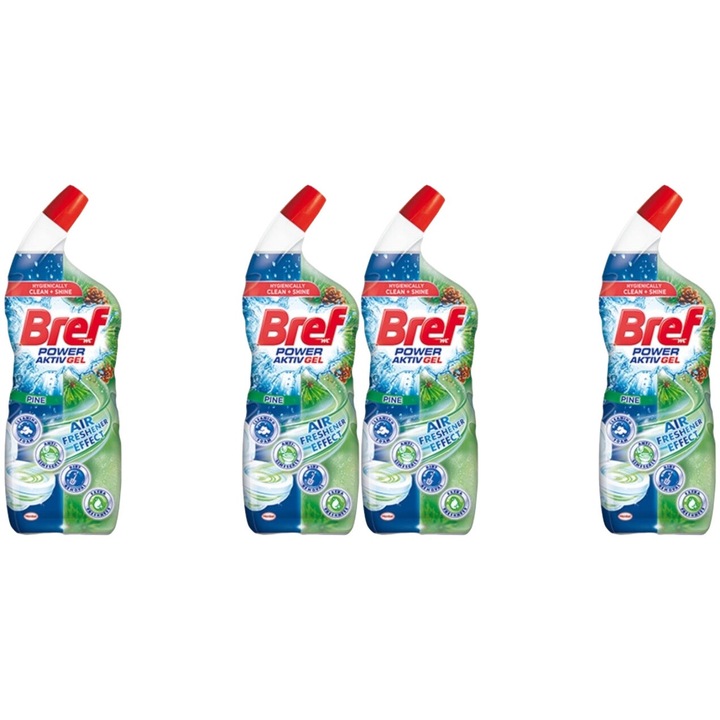Set 4 x Bref Power Aktiv Gel Wc Lichid 700ml Pine, fresh aroma, parfum floral, distruge calcarul, rapid si eficient, testat dermatologic, prospetime de lunga durata, eficacitate maxima, continut generos, elimina mirosuri neplacute