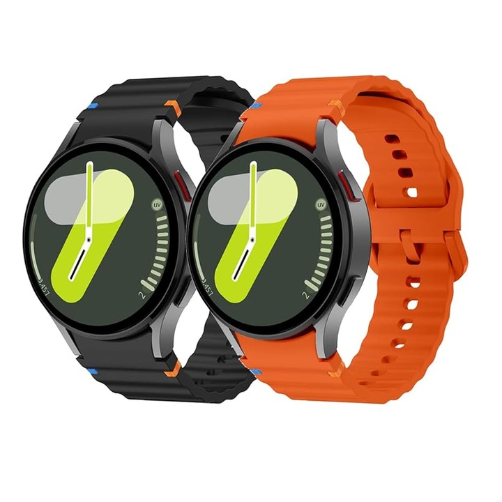Set 2 Curele Silicon MTP compatibila cu Samsung Galaxy Watch 4/5/6/7, 40/44/46mm, Quick Release, Black + Orange