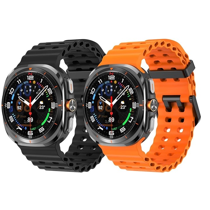 Samsung Galaxy Watch Ultra készülékkel kompatibilis MTP szilikon szíj készlet, 47 mm, fekete csat, gyorskioldó, fekete + narancs, 2 db