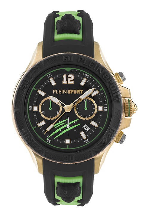 Plein Sport, Ceas analog Warrior Tech, Auriu, Negru, Verde lime