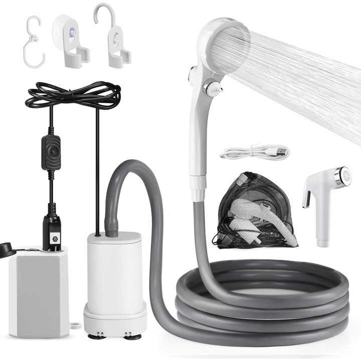 Dus portabil pentru camping 12-24 V, cu pompa electrica si acumulator reincarcabil de 4500 mAh, debit 0-8L/min reglabil, impermeabil, pentru drumetii, pescuit, spalat auto, animale