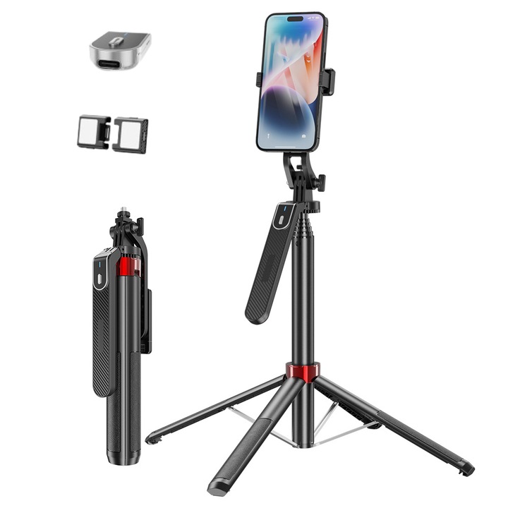 Stativ suport multifunctional LED pentru telefon, Fudisenn®, Premium si Ajustabil 1.65m, Cu lumina de umplere, Selfie Stick pentru Telefon, Camera, GoPro, Control Bluetooth, Suport Telefon, Suport GoPro, Cu telecomanda, Negru