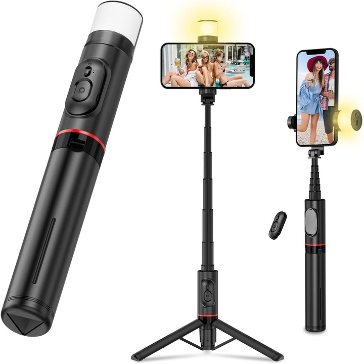 Trepied foto telescopic profesional, Fudisenn®, Scalabil, Cu lumina de umplere, Pentru telefon/camera foto/GoPro, Telecomanda bluetooth, Functie selfie stick, Ajustabil, Universal, Durabil si Usor, Negru, 38 x 32 x 215-730 mm