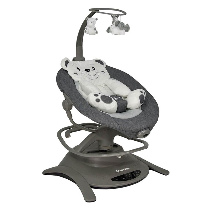 Balansoar, Bebe Stars, Swing, 2 in 1, Rotire 360 grade, Electric, Cu 6 moduri de leganare, Cu 5 trepte de viteza, Cu 3 pozitii de inclinare, Cu jucarii, Cu melodii, Pana la 13 kg, Confom cu EN62115, EN12790, Grey