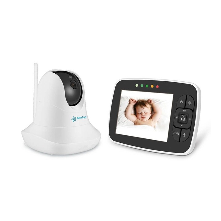 Monitor video pentru bebelusi Bebe Stars 3,5", camera cu microfon, functii multiple, alb