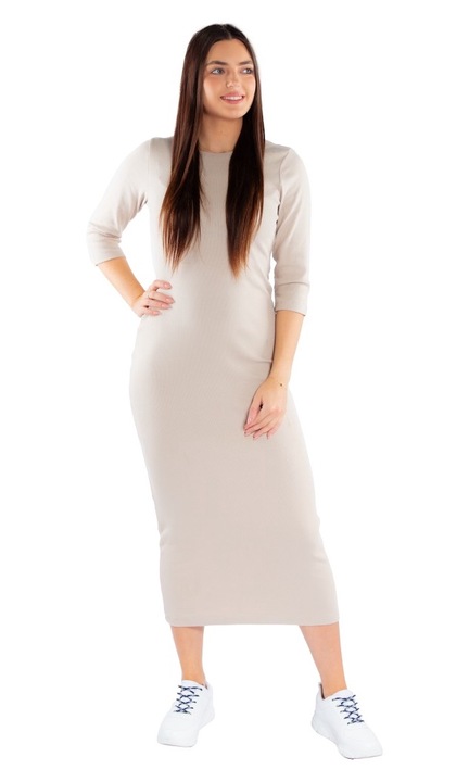 Rochie maxi cu maneca 3/4, Golden Queen, bumbac, Niki Beige, Bej