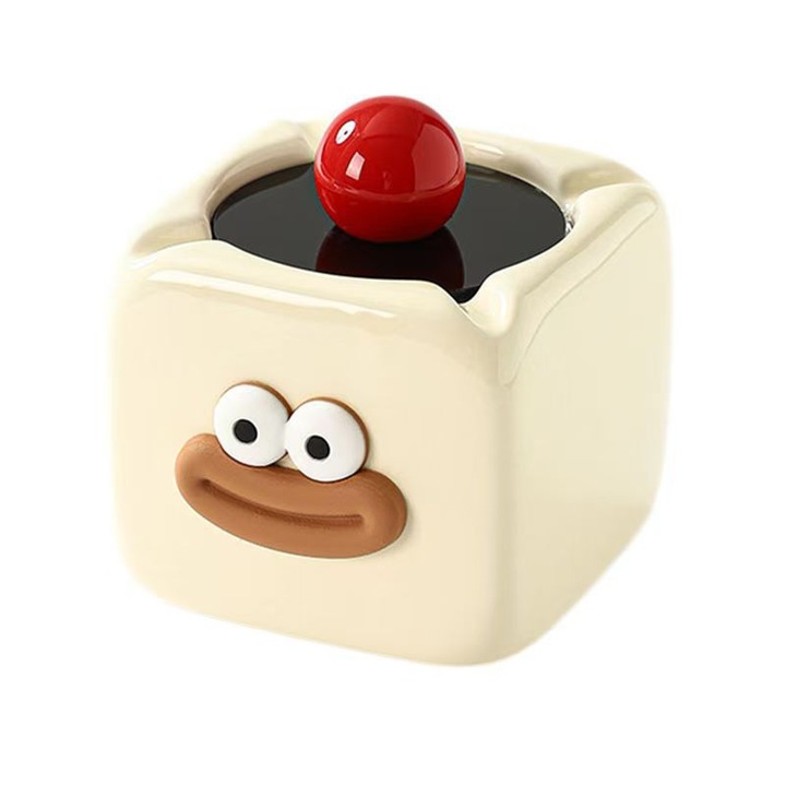 Пепелник с капак, керамичен, кремав