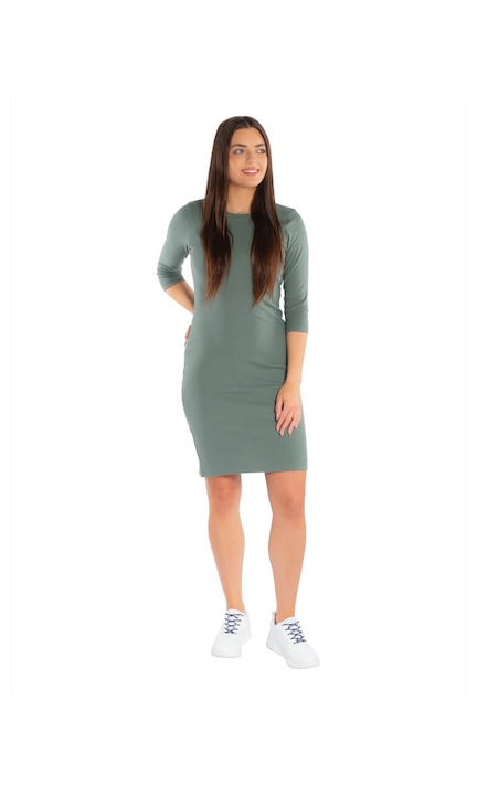 Rochie midi cu maneca 3/4, Golden Queen, Bumbac, Niki Khaki, Verde