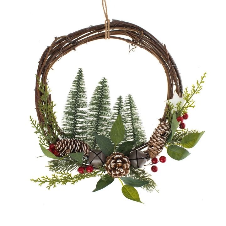 Shopiens® Декоративен коледен венец Елхи Шишарки Камбанки Горски плодове, 33 см