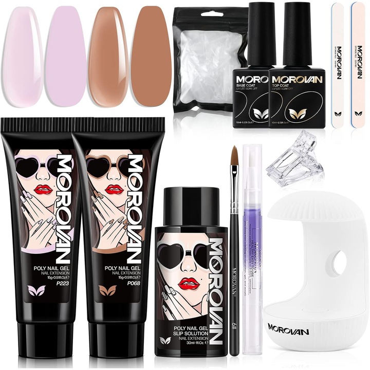 Kit unghii poli gel Morovan cu lampa UV, 2x15ml gel poli cu sclipici albastru si gel poli schimbator de culoare, solutie de alunecare, baza si top coat