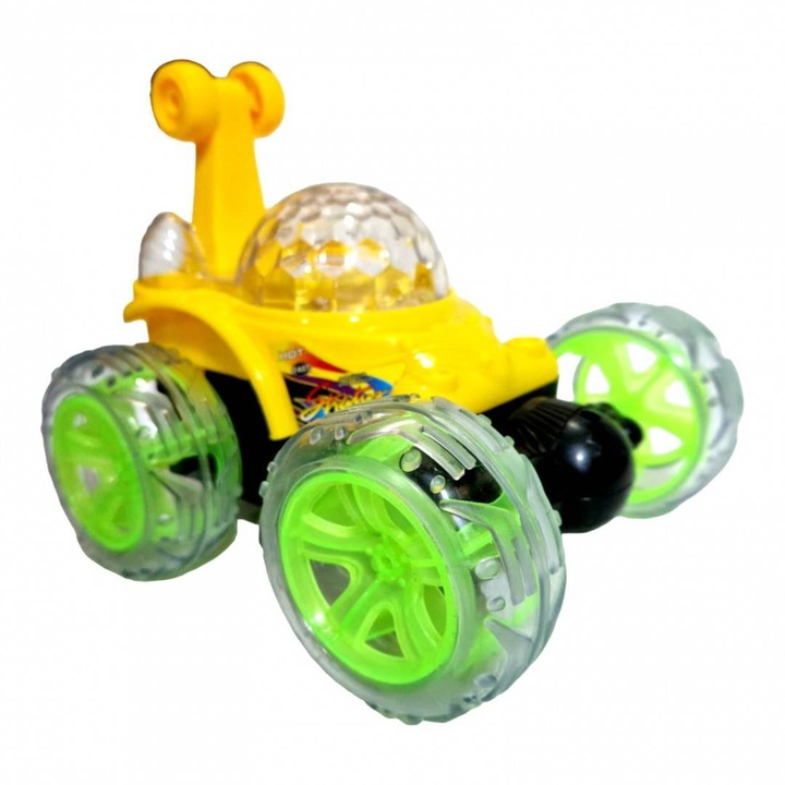 Masina de cascadorii cu telecomanda, acumulator inclus, rotatii, lumini si sunete, galben