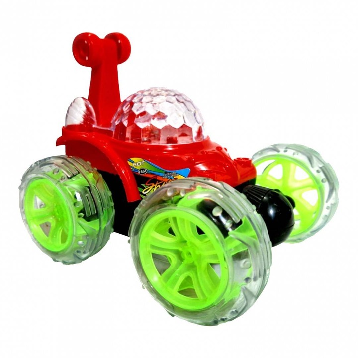 Masina de cascadorii cu telecomanda, acumulator inclus, rotatii, lumini si sunete, rosu