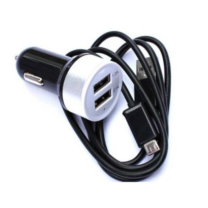 Incarcator MicroUSB auto 2.1 A, 2 iesiri USB, negru-alb