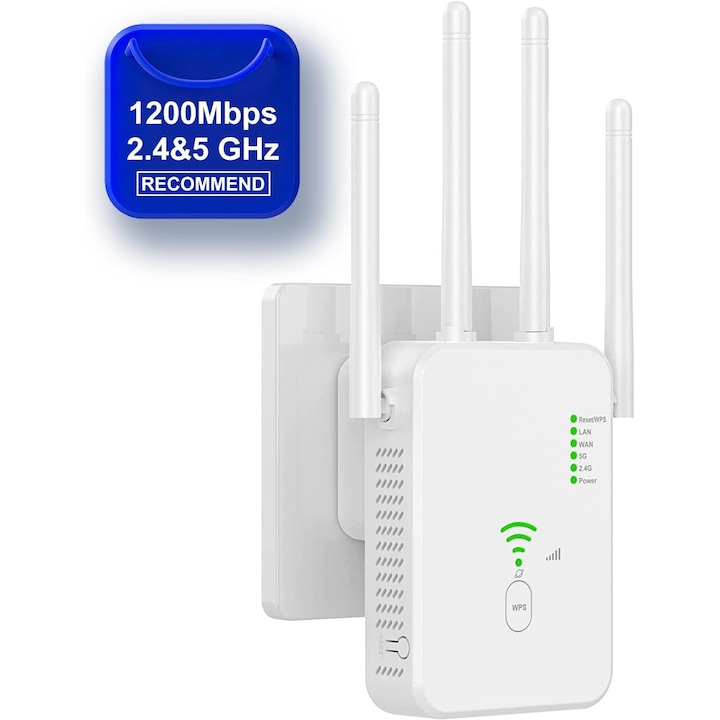 Усилвател на безжичен сигнал Morovan, WiFi Range Extender, 1200Mbps, Dual-Band 2.4GHz/5GHz, 4 външни антени, Ретранслатор/AP модул/Рутер, WEP, WPA и WPA2 връзка, 2x LAN слот, бял