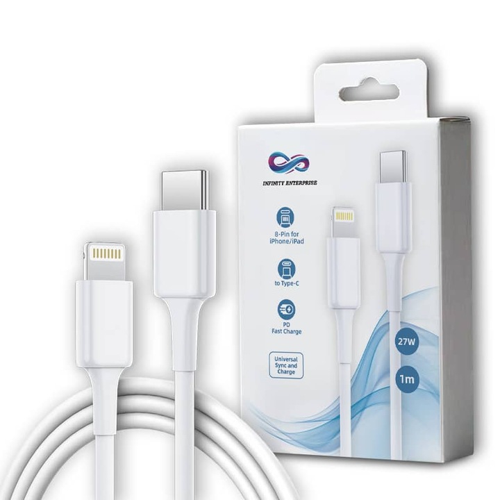 Infinity Enterprise Кабел за бързо зареждане и данни за Apple Phone, съвместим с iPhone, iPad, Airpods Fast Charge 27W, Type C to Lightning, 1m, бял цвят