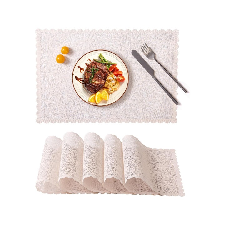 Tányértartó, csúszásmentes, PVC, hőálló, mosható, 6 db, 30x45 cm, Elefántcsont