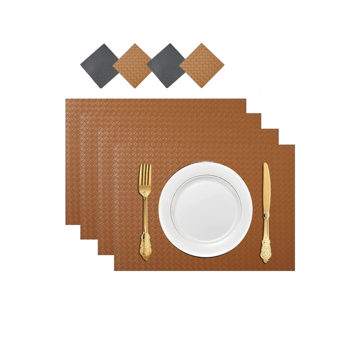 Tányéralátét, üvegtartóval, csúszásmentes, ökológiai bőr, hőálló, mosható, 4 db, 2 oldal, 30x43 cm, Barna/Fekete